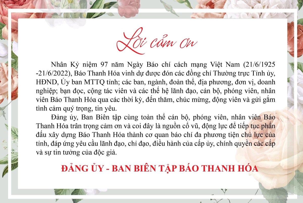 Lời cảm ơn của Báo Thanh Hóa nhân Kỷ niệm 97 năm Ngày Báo chí Cách mạng Việt Nam