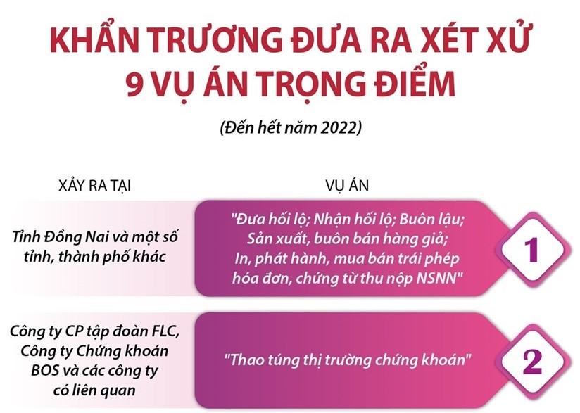 [Infographics] - Khẩn trương đưa ra xét xử 9 vụ án trọng điểm